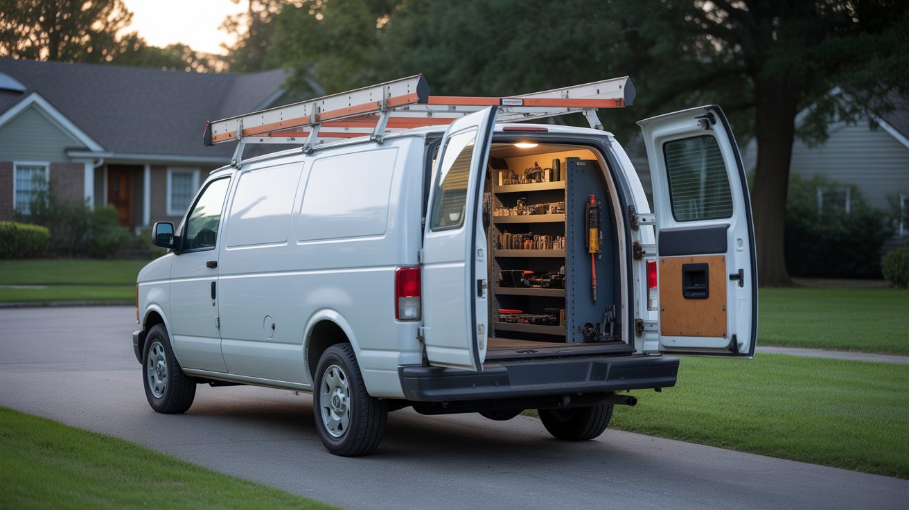 Unmarked service van staged near a property in Calgary